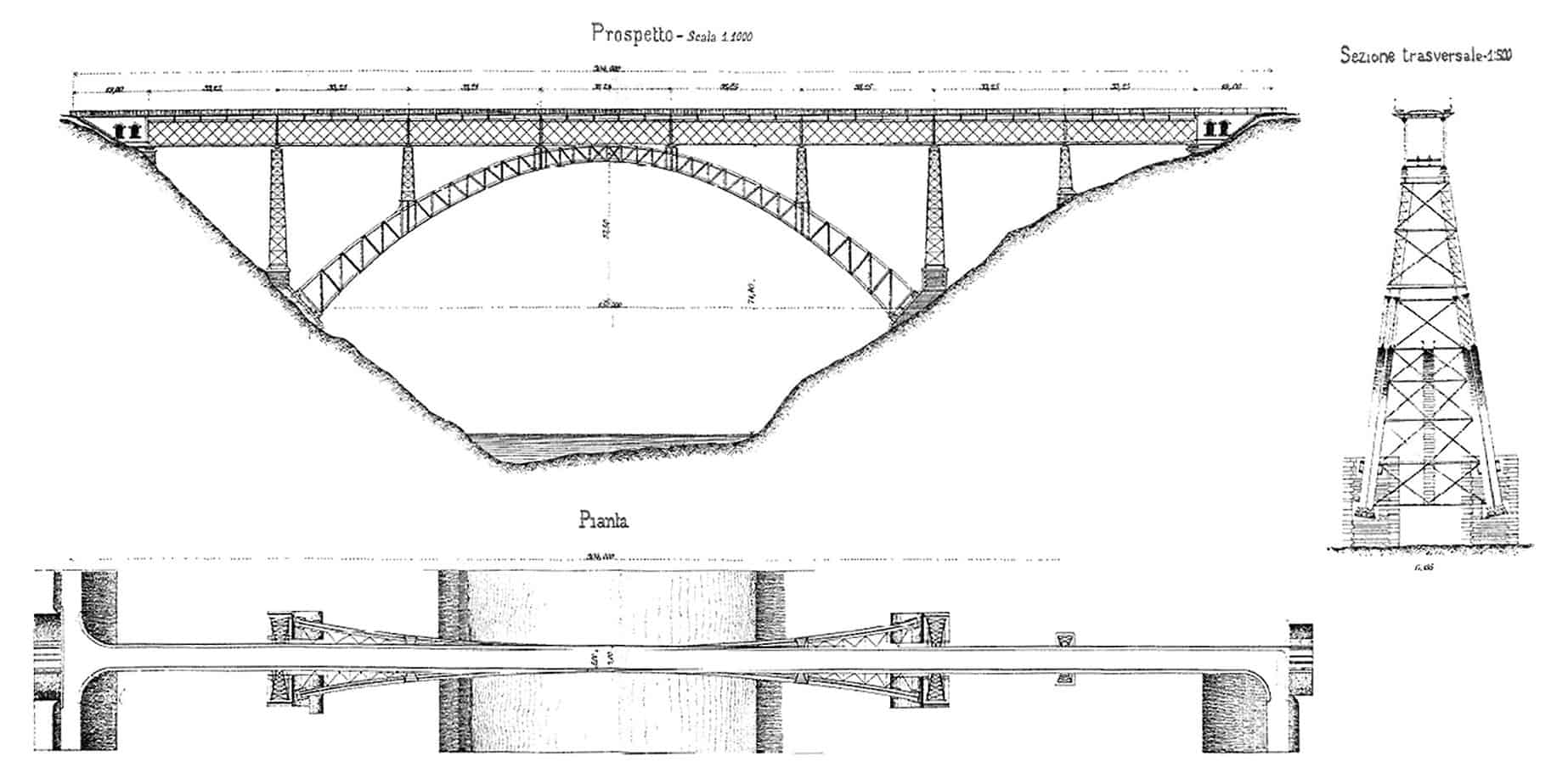 Prospetto, pianta e sezione trasversale del ponte sull'Adda a Paderno