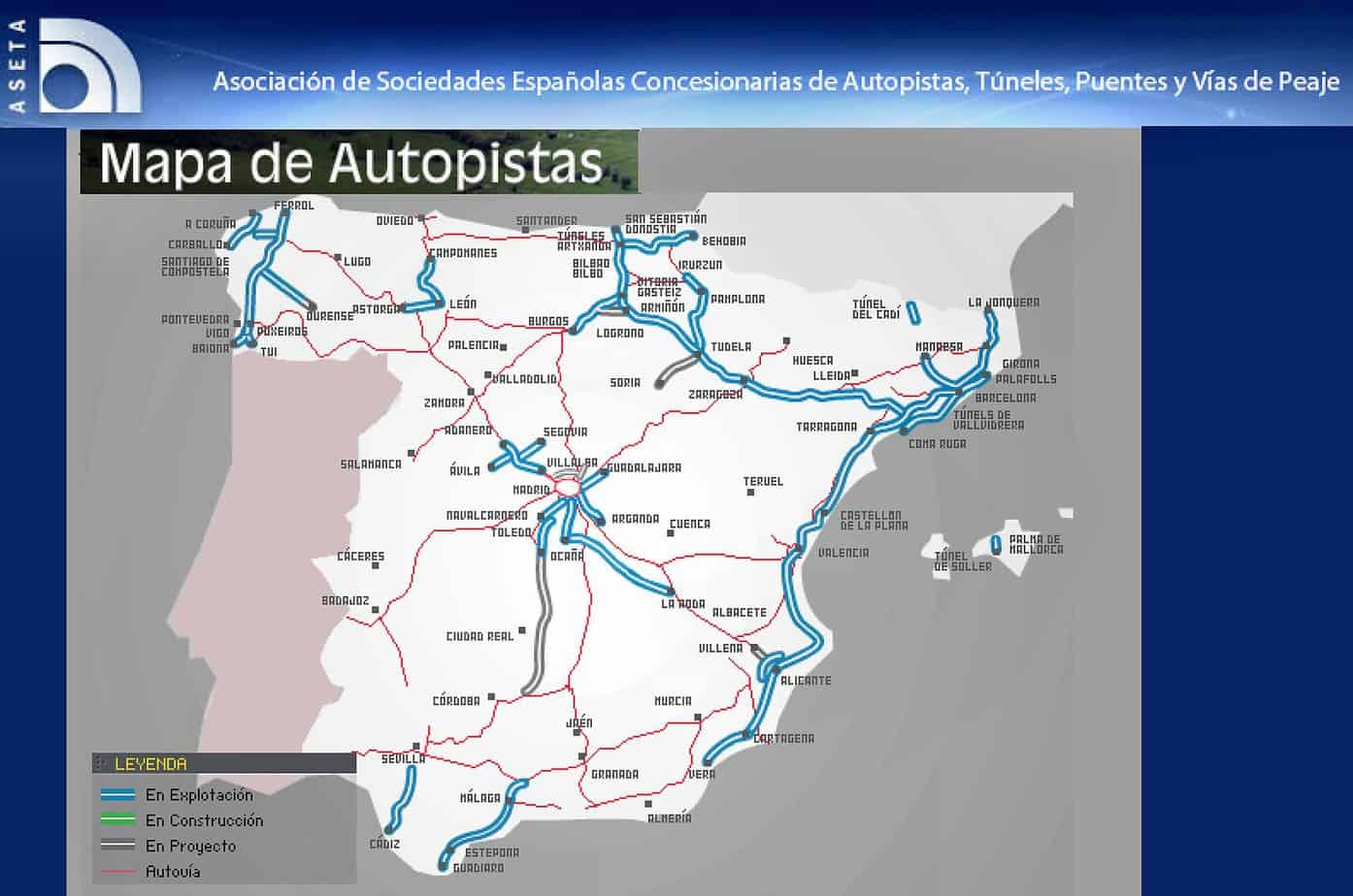 Le autostrade in Spagna: in colore blu quelle in esercizio, in grigio quelle in progetto