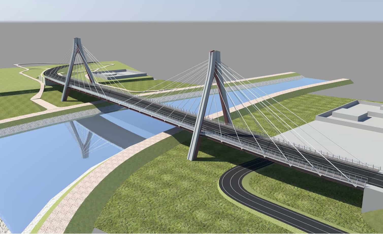 Un rendering del nuovo ponte strallato di Ostellato