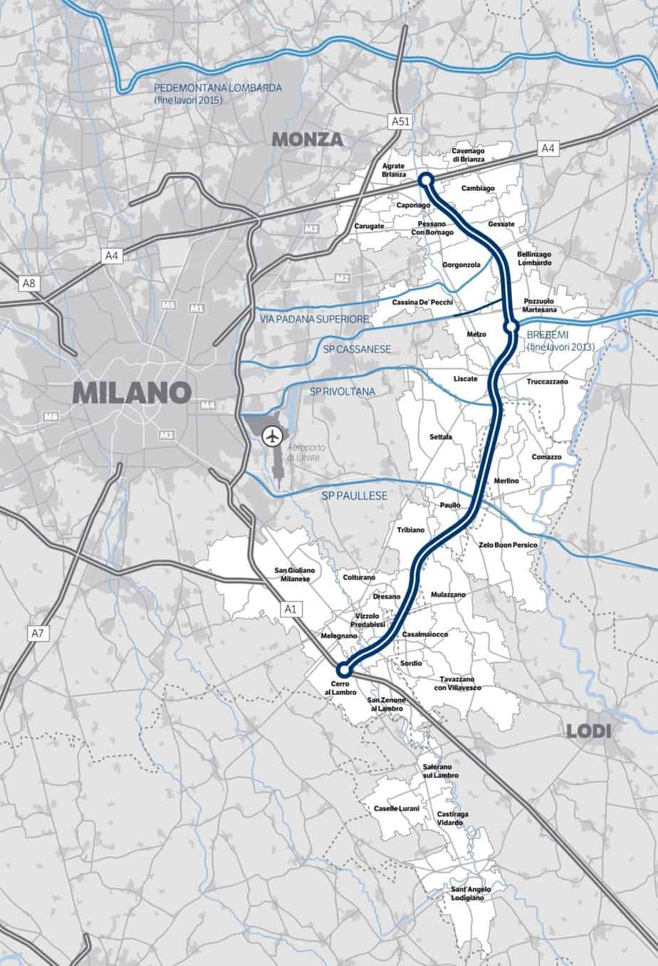 Il tracciato della Tangenziale Est Esterna di Milano