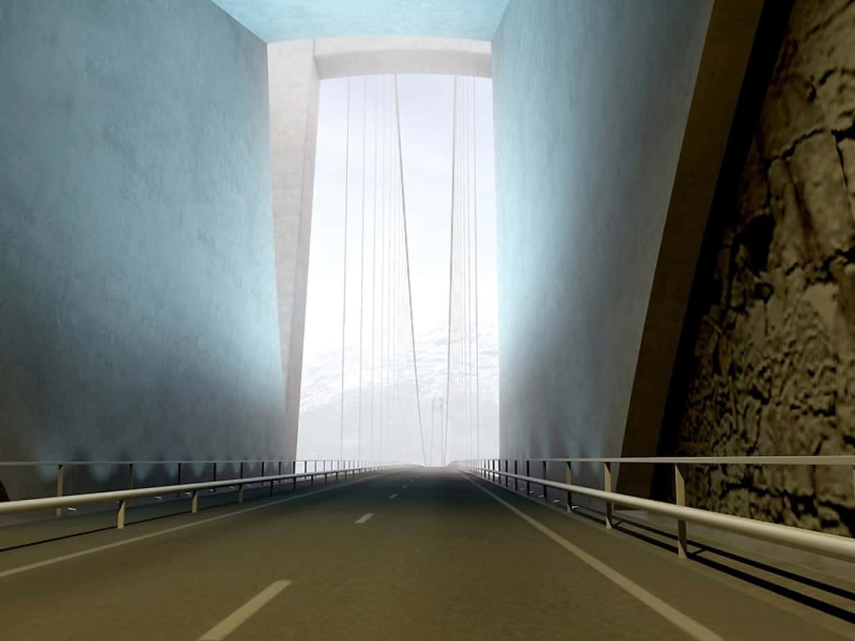 Il tunnel di Vallavik, a 138, 105 e 70 m dal portale meridionale. Si apprezza la soluzione studiata per migliorare la vista prospettica del ponte. Sulla sinistra si nota l’accesso al tunnel ciclopedonale