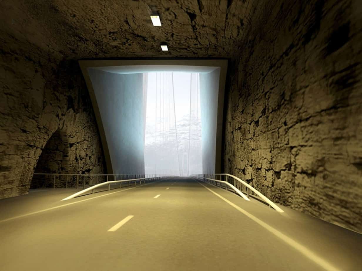 Il tunnel di Vallavik, a 138, 105 e 70 m dal portale meridionale. Si apprezza la soluzione studiata per migliorare la vista prospettica del ponte. Sulla sinistra si nota l’accesso al tunnel ciclopedonale