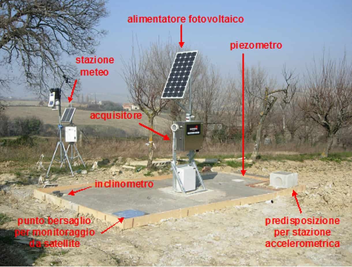 La piazzola di installazione del sistema di monitoraggio dell’Area 1 (Mondavio, PU), comprendente anche il sistema di acquisizione e trasmissione dei dati, l’alimentazione fotovoltaica e la stazione meteo