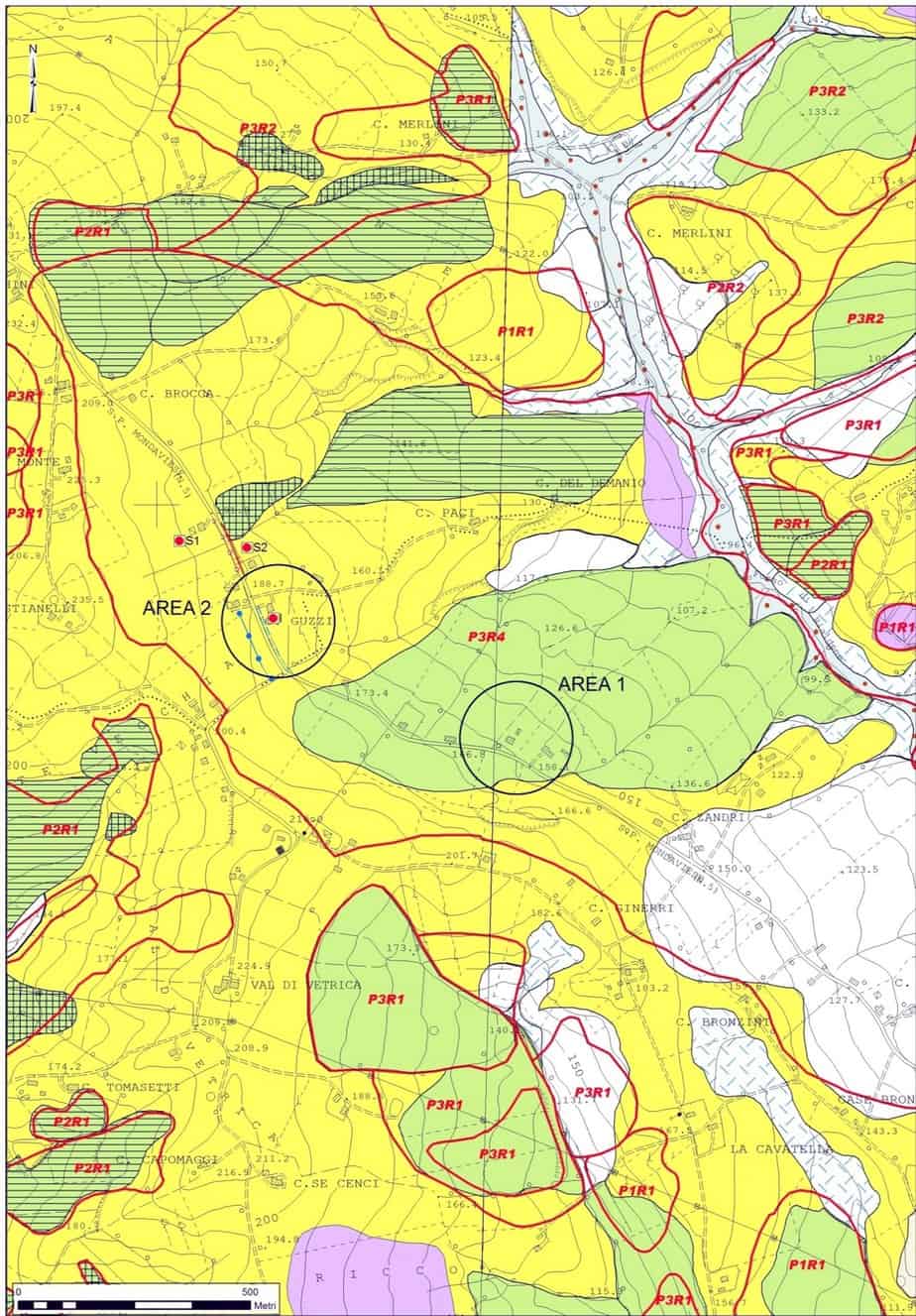 La carta geologico-geomorfologica dell’area di Valdiveltrica e le zone monitorate (Area 1 e 2). In rosso si notano le perimetrazioni del PAI-Marche e in nero i poligoni dei movimenti franosi censiti dall’IFFI-Marche
