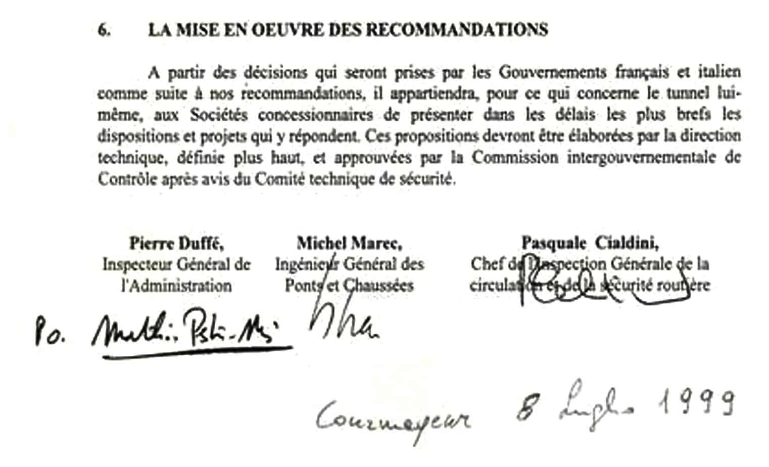 L’ultima pagina del Rapporto Comune della Commissione amministrativa di inchiesta italo-francese Cialdini-Marec sulla catastrofe del 24 Marzo 1999 nel Traforo del Monte Bianco