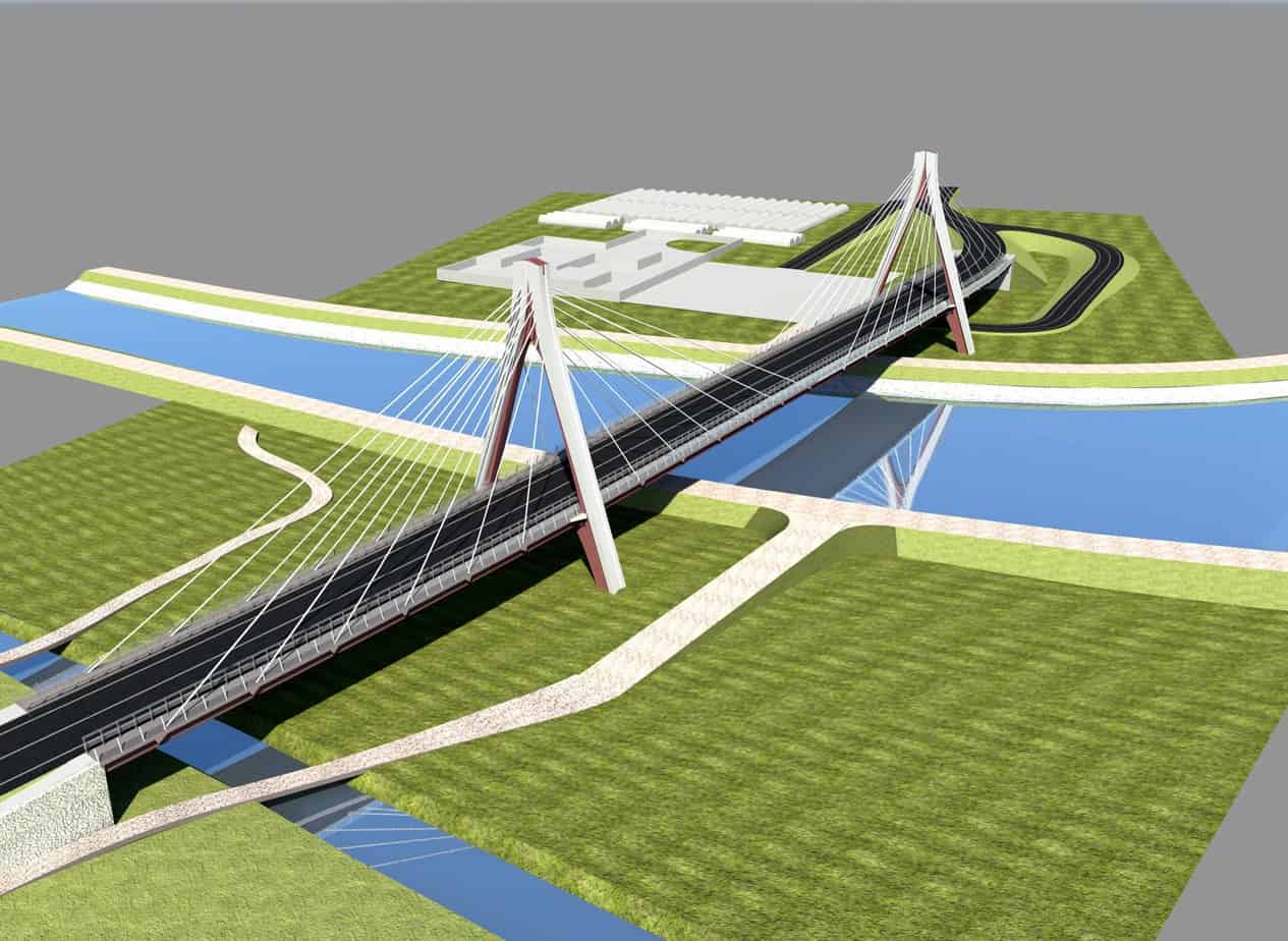 Un rendering 3D della soluzione per il nuovo ponte di Ostellato