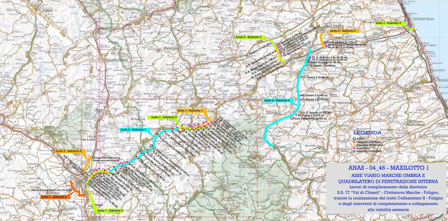Sull’asse viario Marche-Umbria e Quadrilatero di penetrazione interna, i due sublotti 1.2 e 2.1 coprono il tratto Foligno-Pontelatrave della S.S. 77 “Val di Chienti”