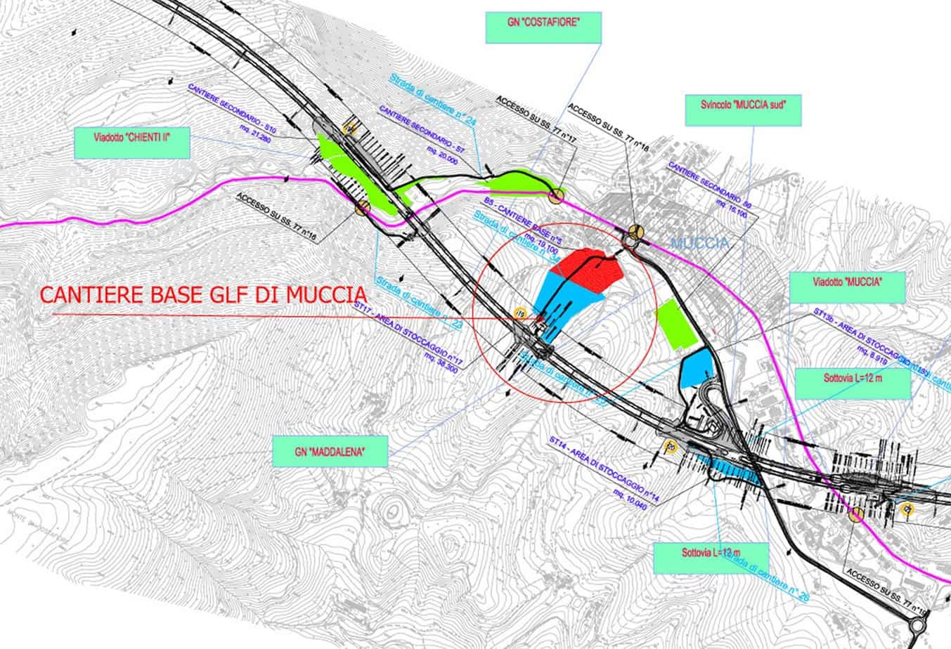 Il tracciato con l’ubicazione del viadotto Chienti 2 e del cantiere di base GLF 