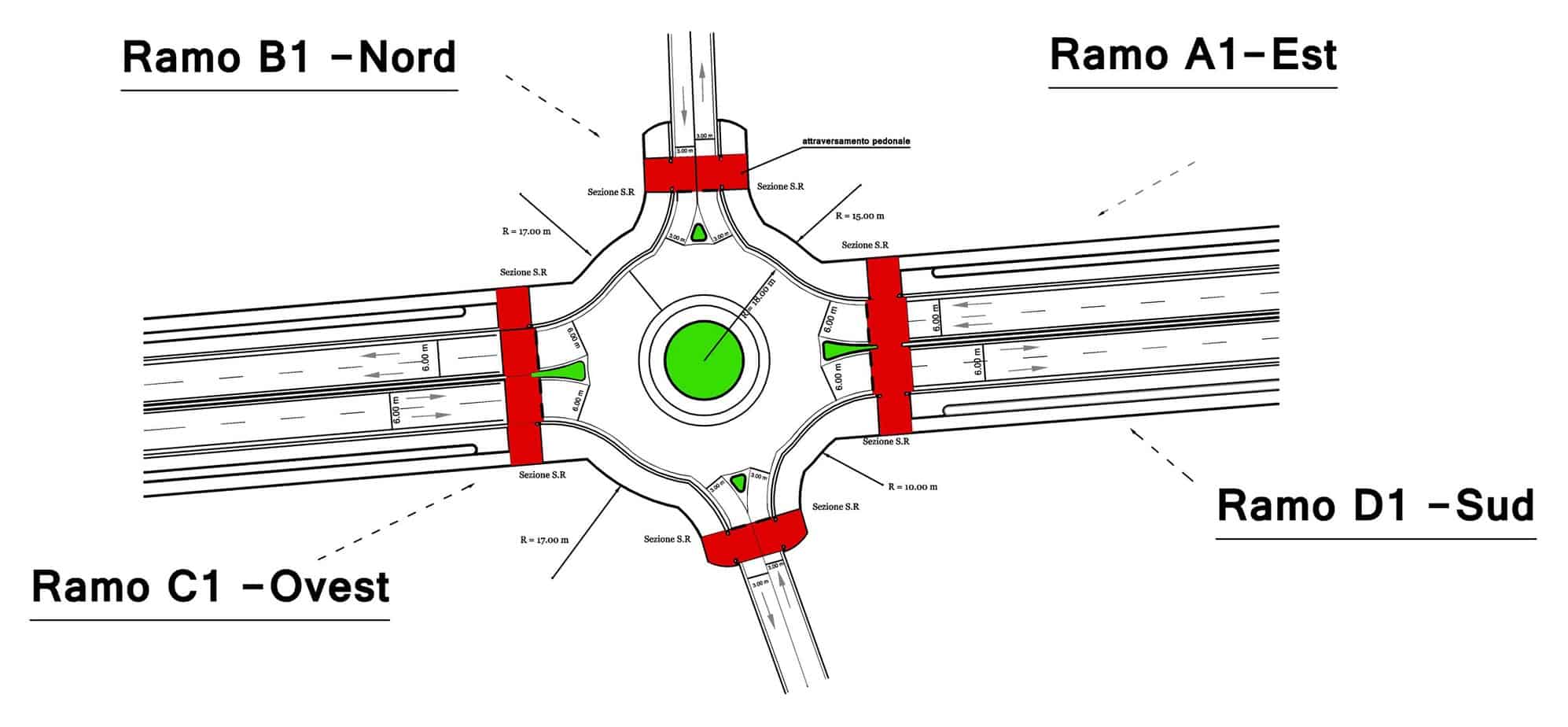 La planimetria della rotatoria 2; sezioni di rilievo S.R.