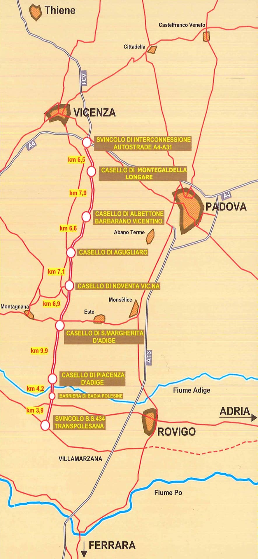 Il tracciato della A31 Valdastico, tronco Vicenza-Rovigo