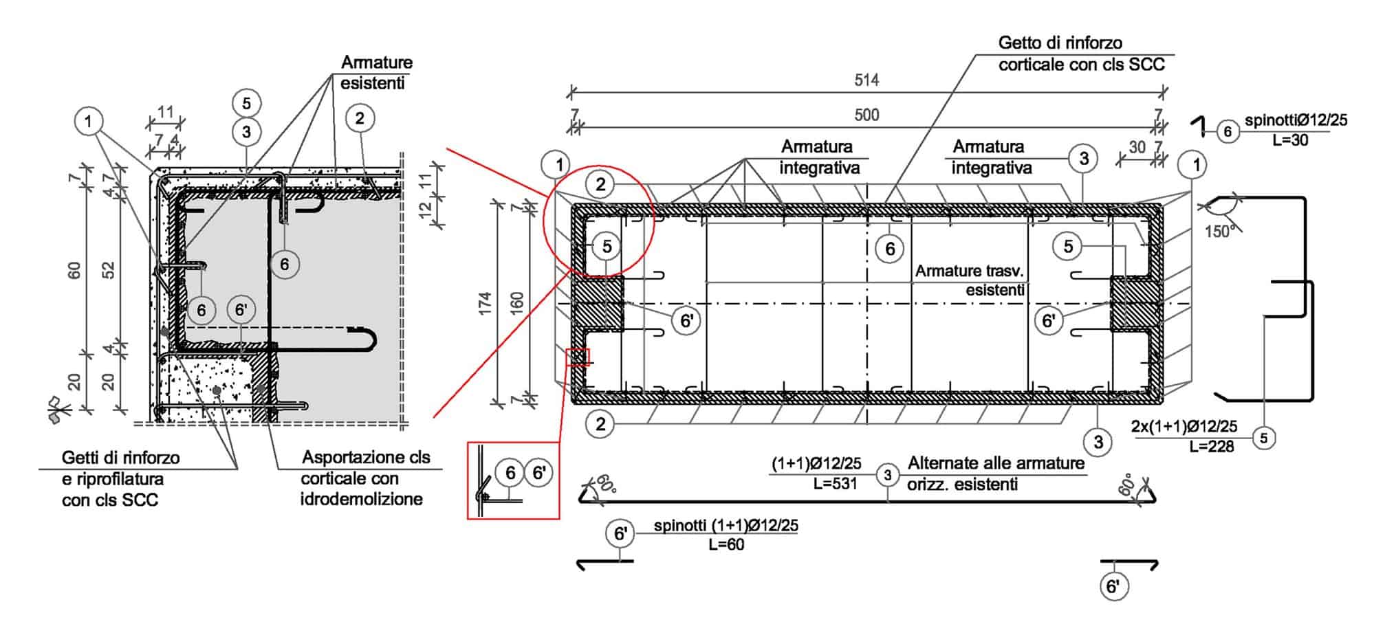 Lo schema dell’intervento di risanamento/rinforzo dei fusti delle pile (dimensioni in centimetri): dettaglio e armatura della sezione tipica