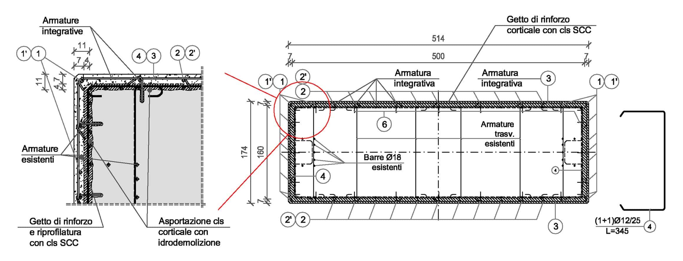 Lo schema dell’intervento di risanamento/rinforzo dei fusti delle pile (dimensioni in centimetri): dettaglio e armatura della sezione di base
