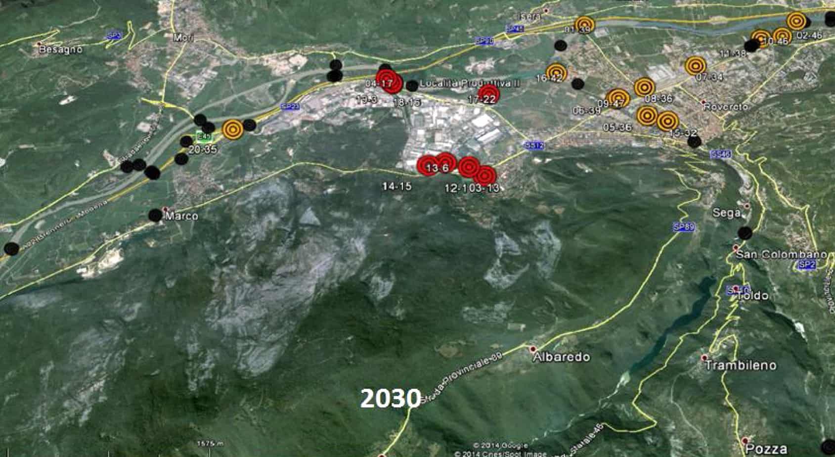 Lo scenario di deterioramento nell’anno 2030 per un gruppo di manufatti situati nel comune di Rovereto