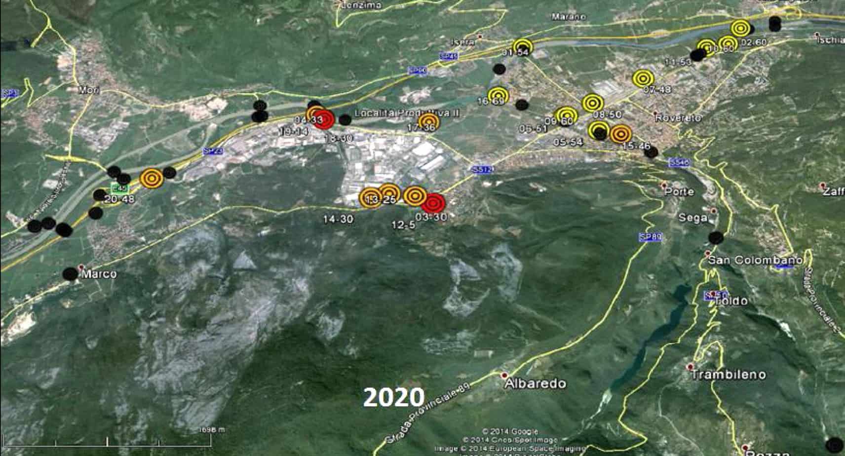 Lo scenario di deterioramento nell’anno 2020 per un gruppo di manufatti situati nel comune di Rovereto