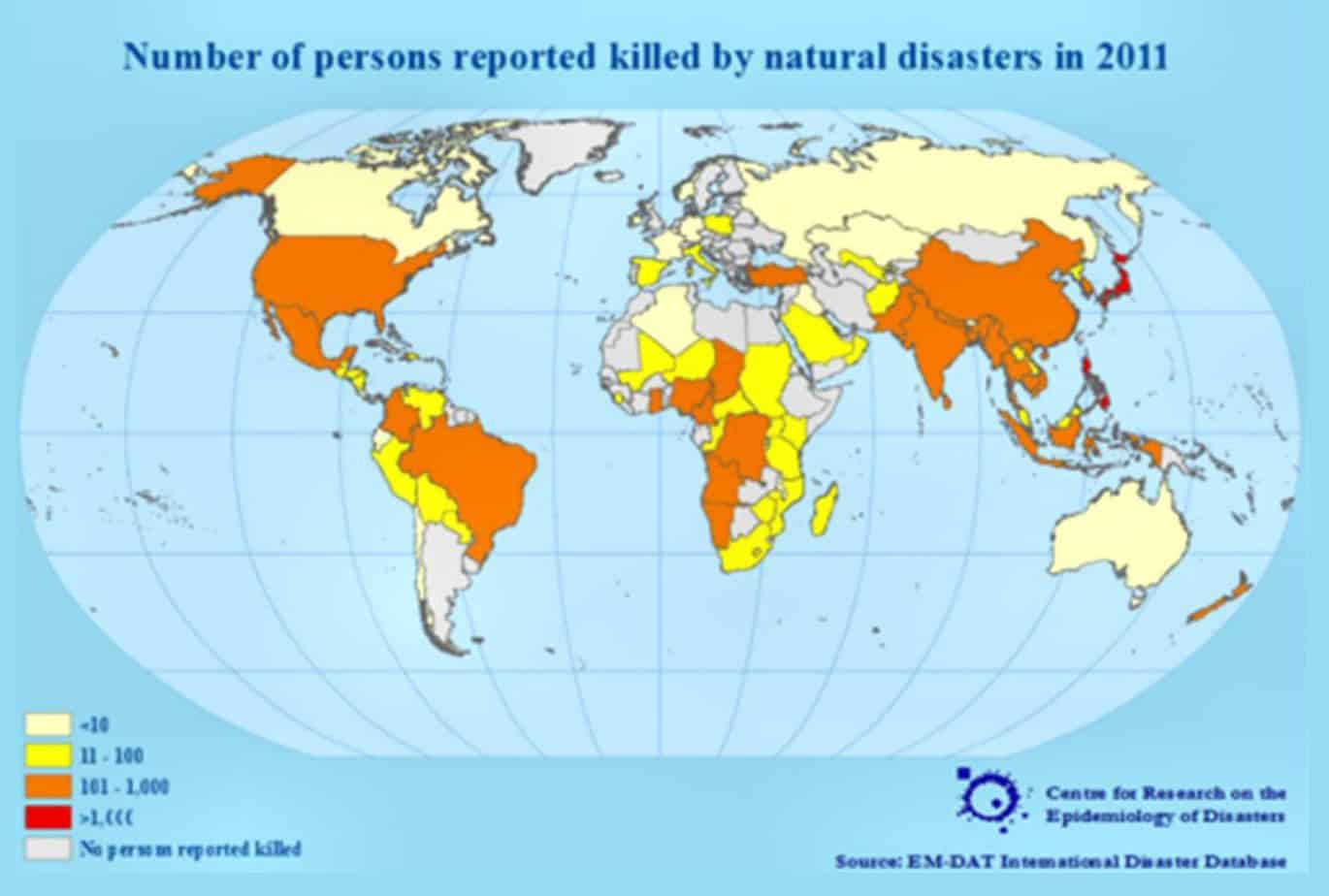 Grafici relativi al numero di decessi a seguito di disastri naturali nel periodo 1900-2011