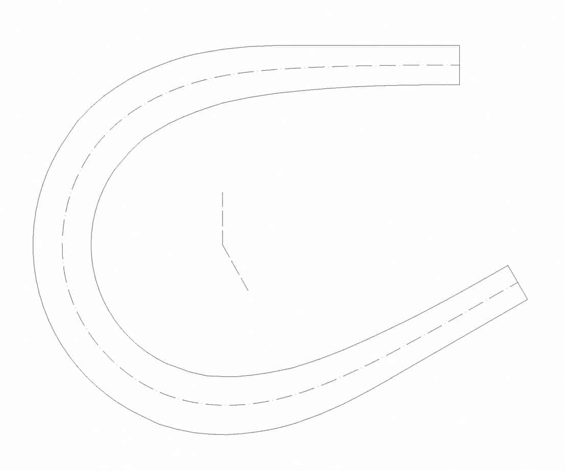 Il tornante a unica corsia (b = 3 m, Ri = 10 m, Re = 14,50 m, α = 30°)