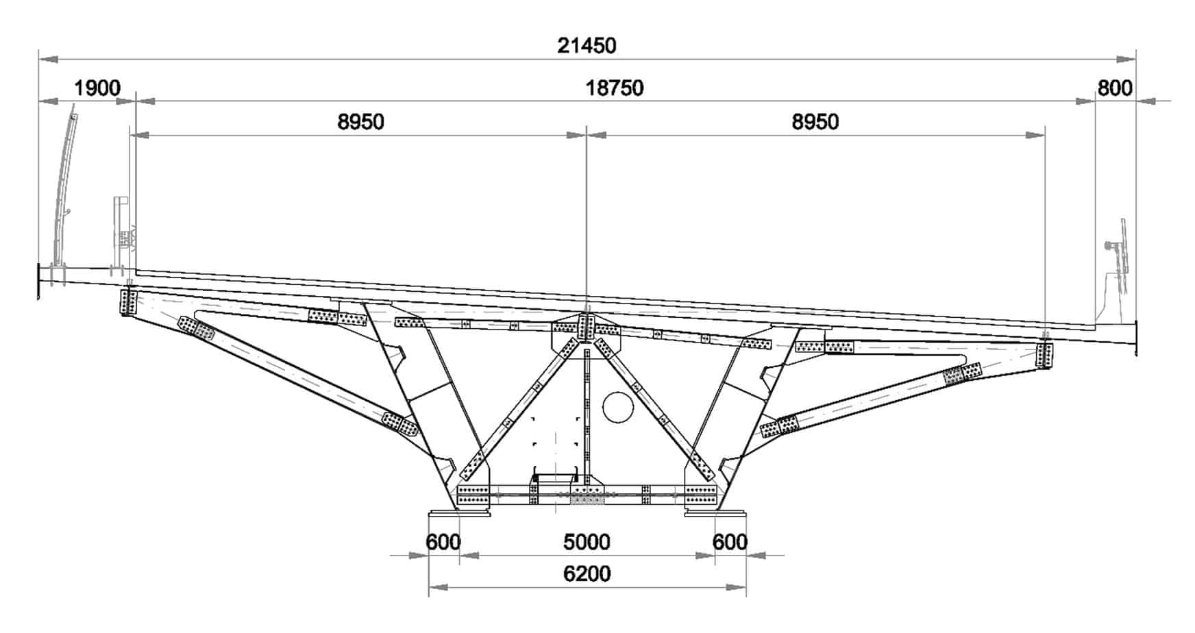 La sezione trasversale dell’impalcato del viadotto VI004 P16-P19 (dimensioni in mm)